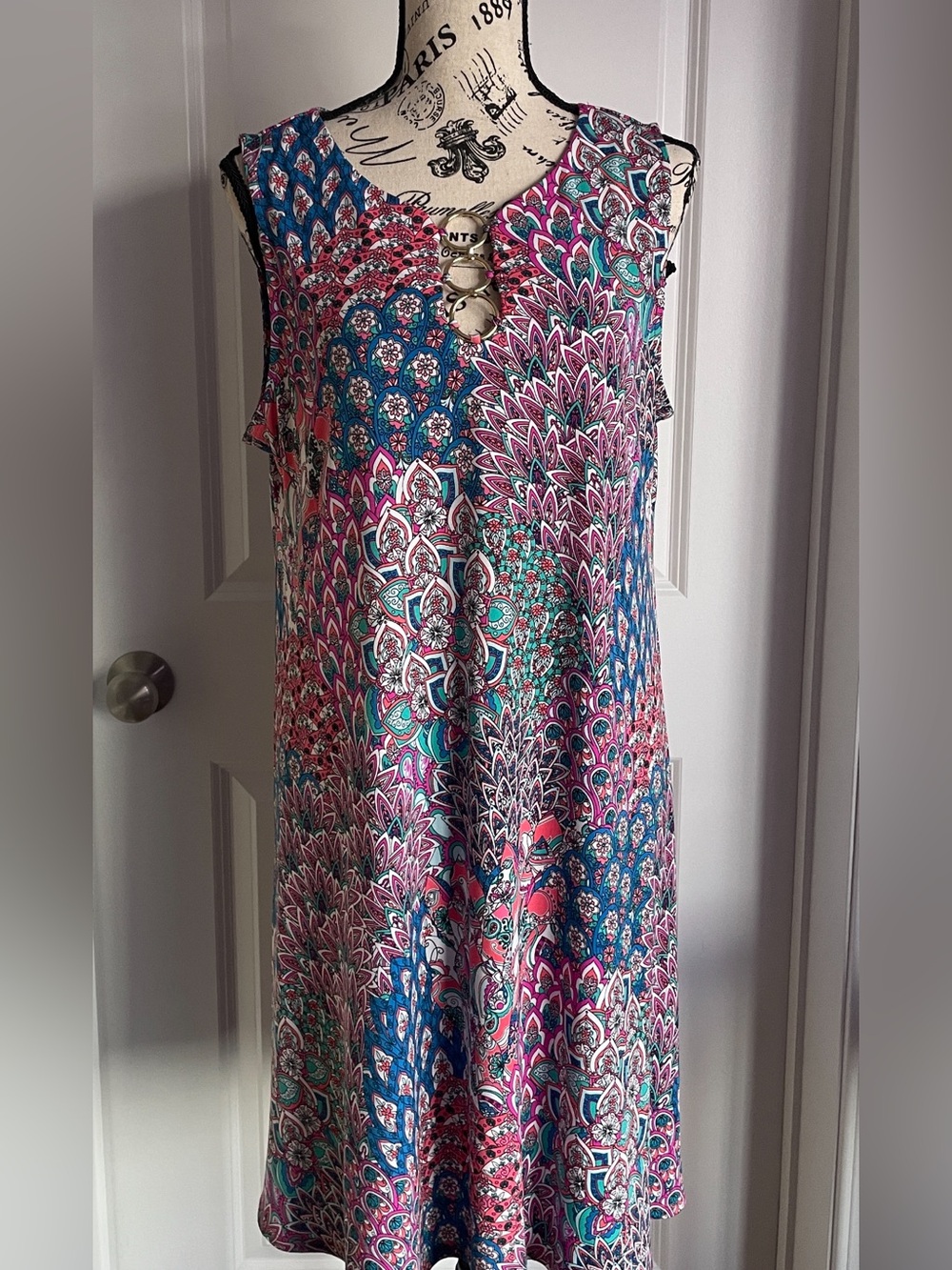 MSK Sleeveless Paisley Swing Dress in Pink, Teal and Blue